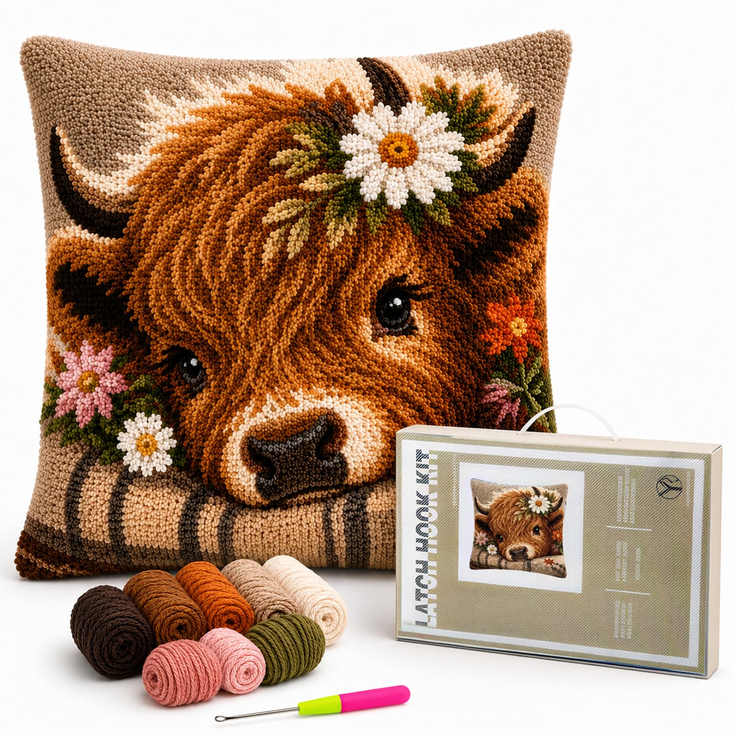 Velorin Highland Cow Latch Hook Kits for Adults, Latch Hook Cushion Kits, Craft Kits for Pillow Cover Cushion Cover Highland Cow Gifts (Highland cow2)