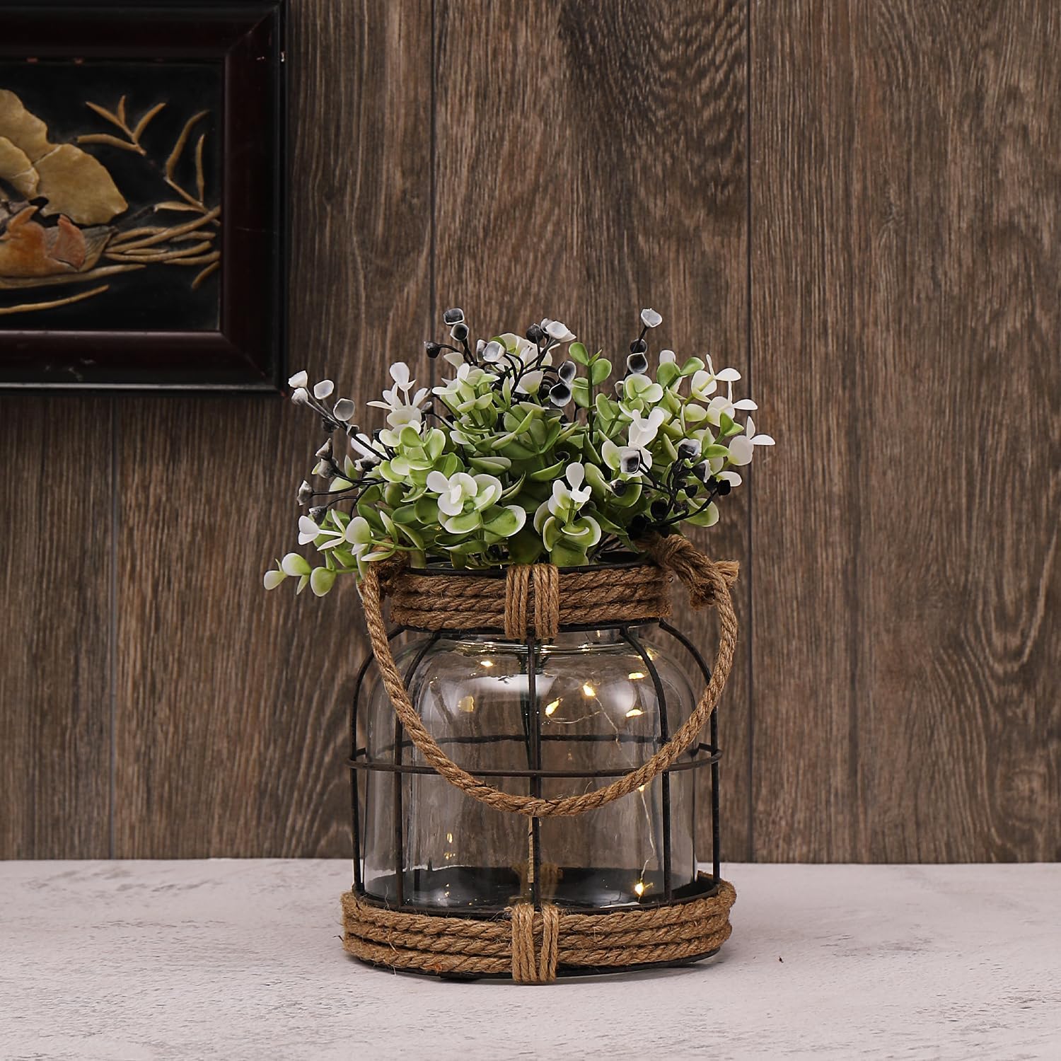 Rustic Glass Vase with Artificial Flowers, Farmhouse Decor with Lights, Vintage Glass Vase with Handles for Home Decor, Floral Arrangement, Wedding, Birthday, Housewarming Gift, (Rustic)