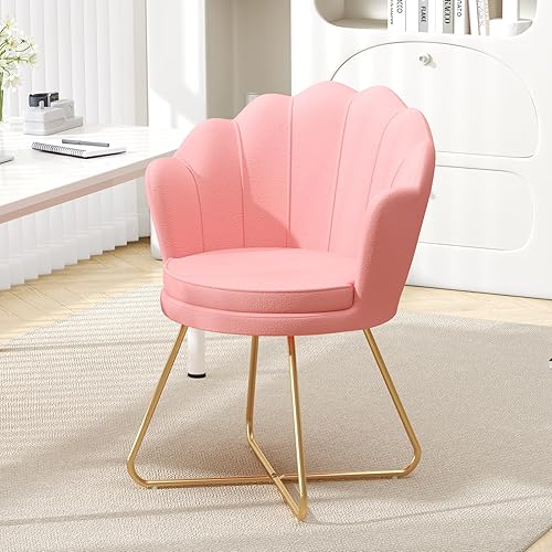 Miniatura 8 de Furniliving Sillas de tocador rosas, silla de maquillaje de terciopelo para dormitorio, silla de escritorio de oficina en casa con patas chapadas en