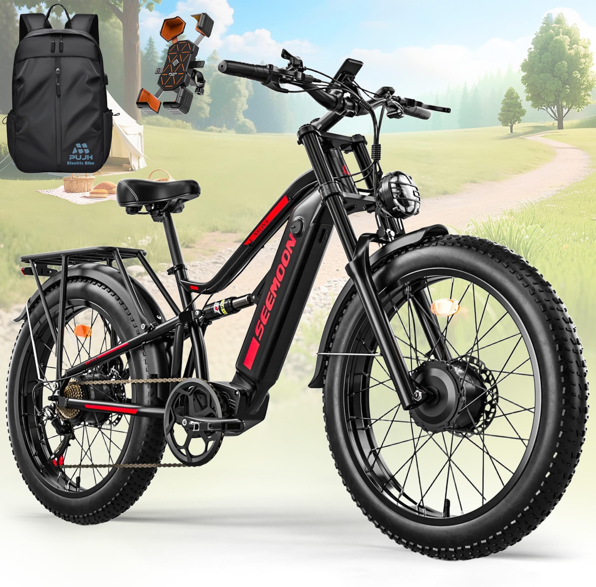 Electric Bike for Adults, 52V 20Ah 26" Fat Tire Fast Ebike, up to 100 Miles, Hydraulic Brakes, Off-Road Mountain Hunting AWD Ebike for Men (Black)