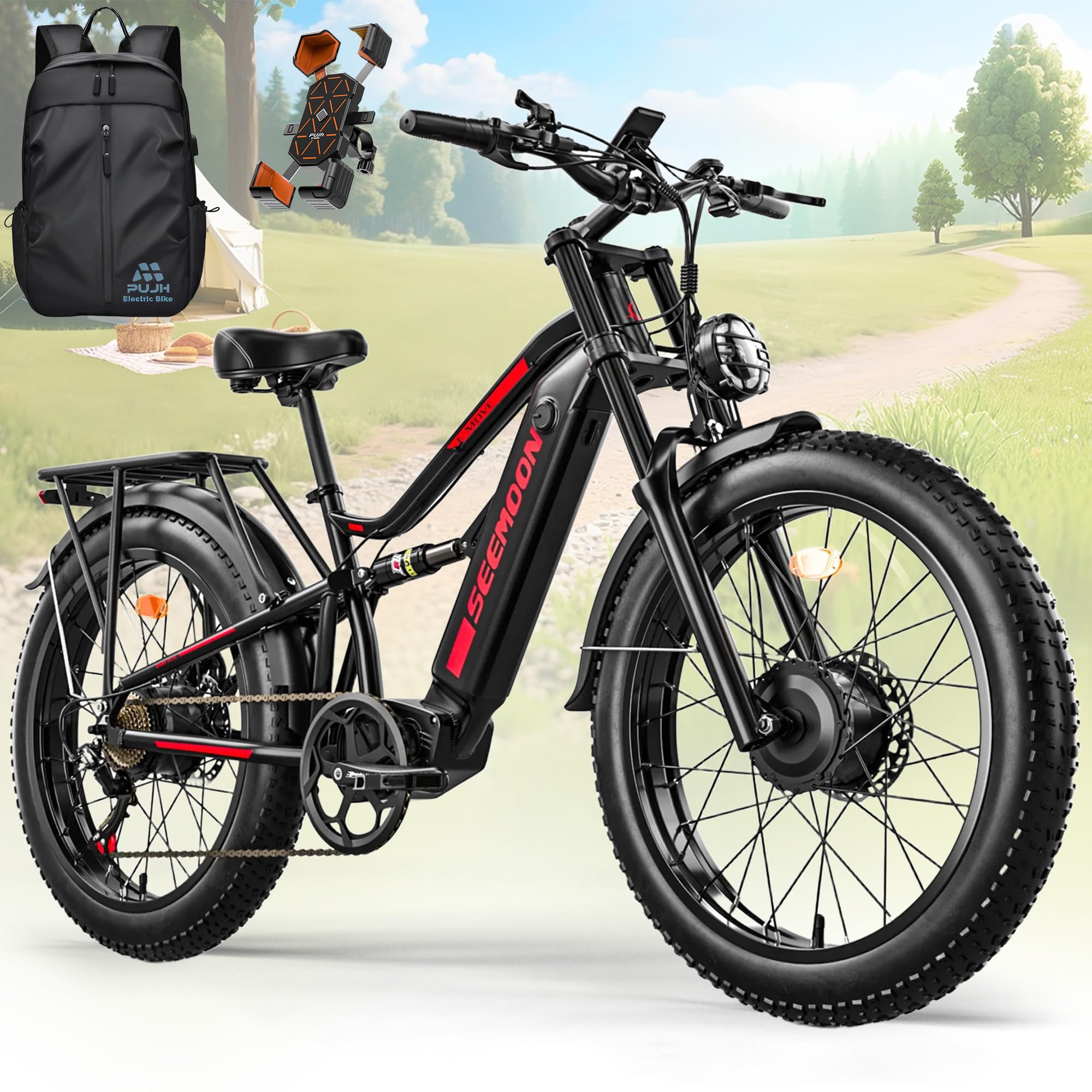 Seemoon 3000W Dual Motor Ebike for Adults 52V 20Ah Fast Electric Bike for Men Women 38 MPH,Up to 100 Miles,26" Fat Tire Lockable Suspension Electric Bike for Snow Off-Road Commuter Mountain E-Bike SM8