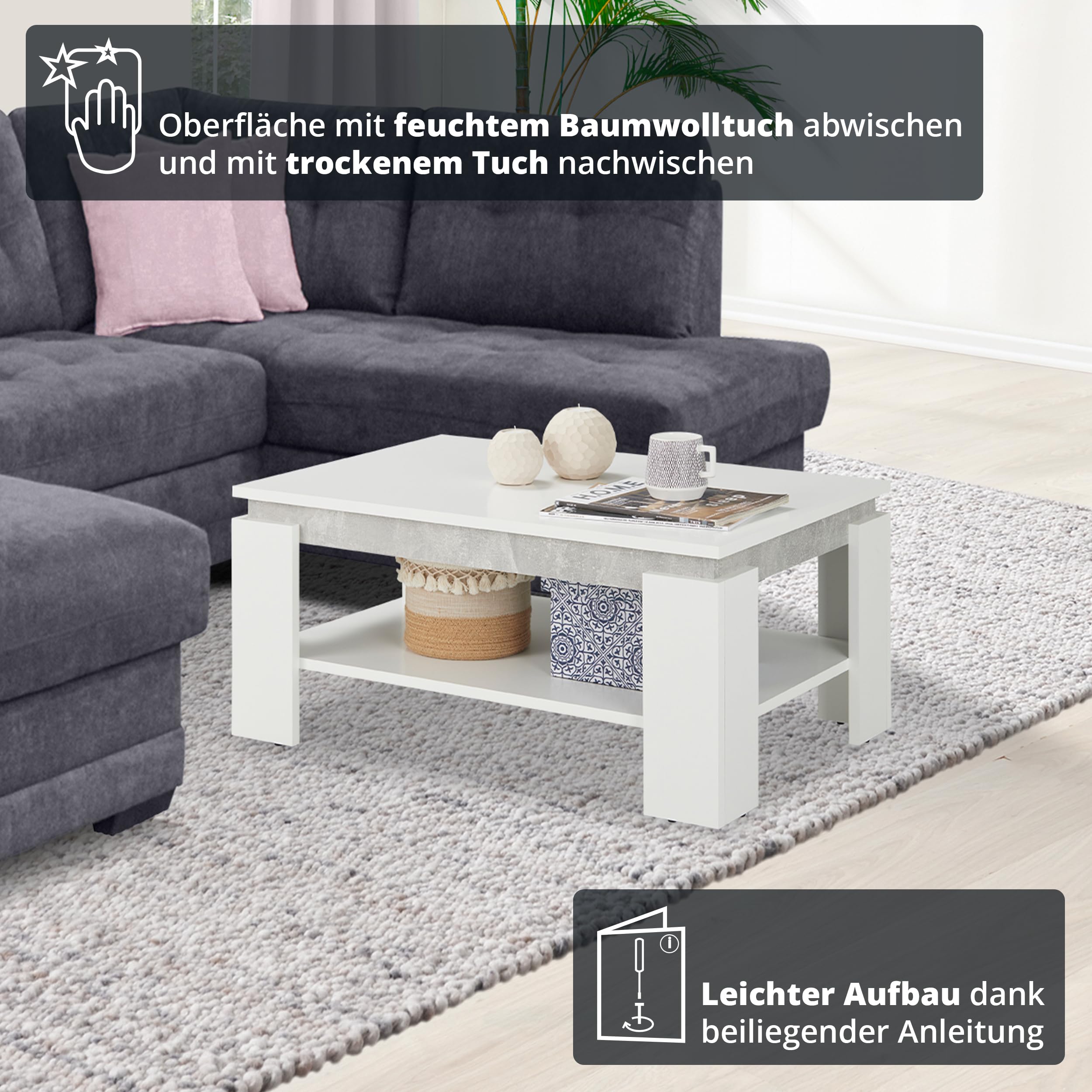 KHG Couchtisch weiß Rechteckig, Ablagefach in Beton-Optik, für Wohnraum | Holzwerkstoff foliert, Sofatisch fürs Wohnzimmer, 25 kg belastbar, 90x60x41 cm, stabil und pflegeleicht, für Zuhause