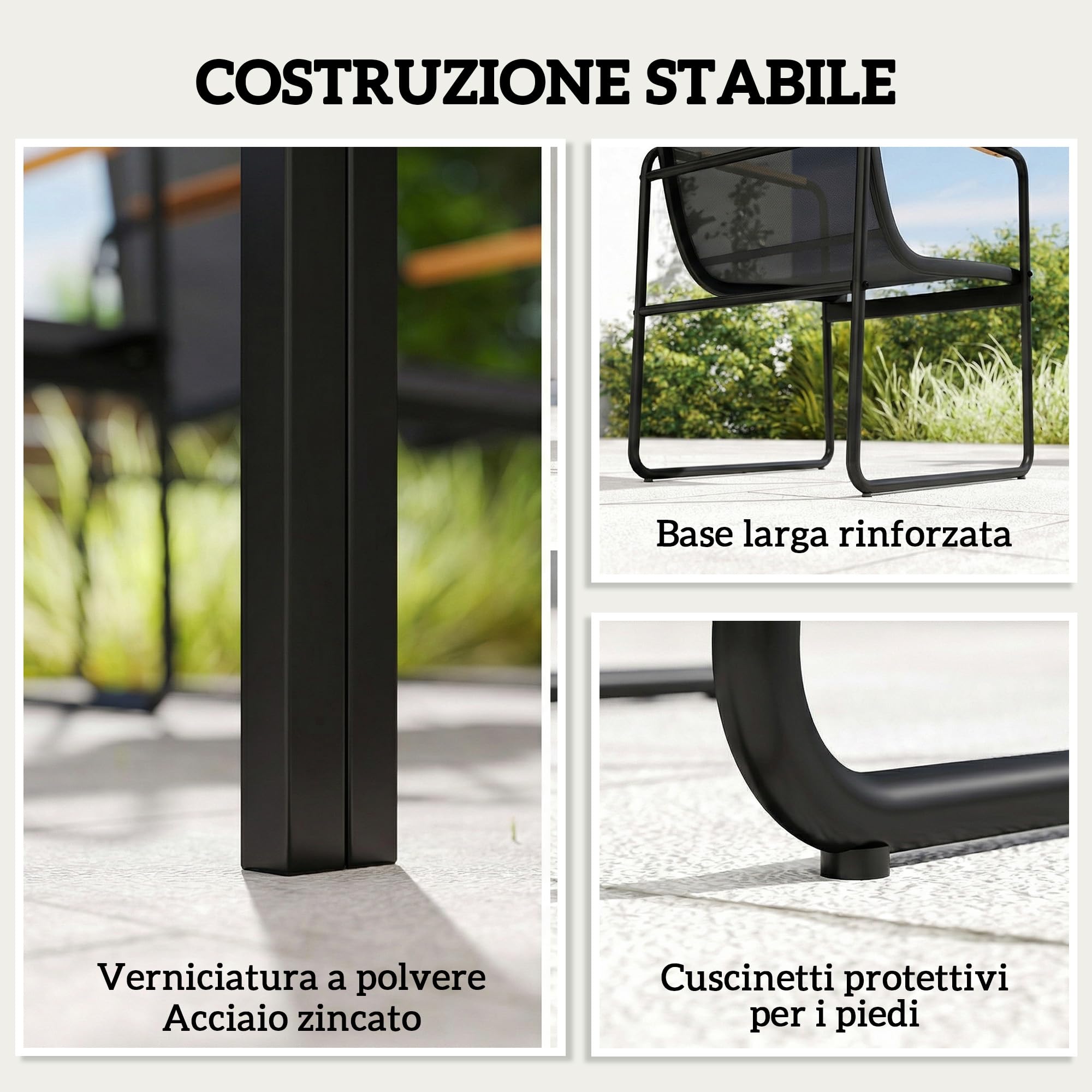 Outsunny Set Tavolo e Sedie da Giardino 7 Pezzi, Pranzo Esterno con Tavolo in Vetro Temperato, Sedie Texteline Traspirante, Acciaio, Nero