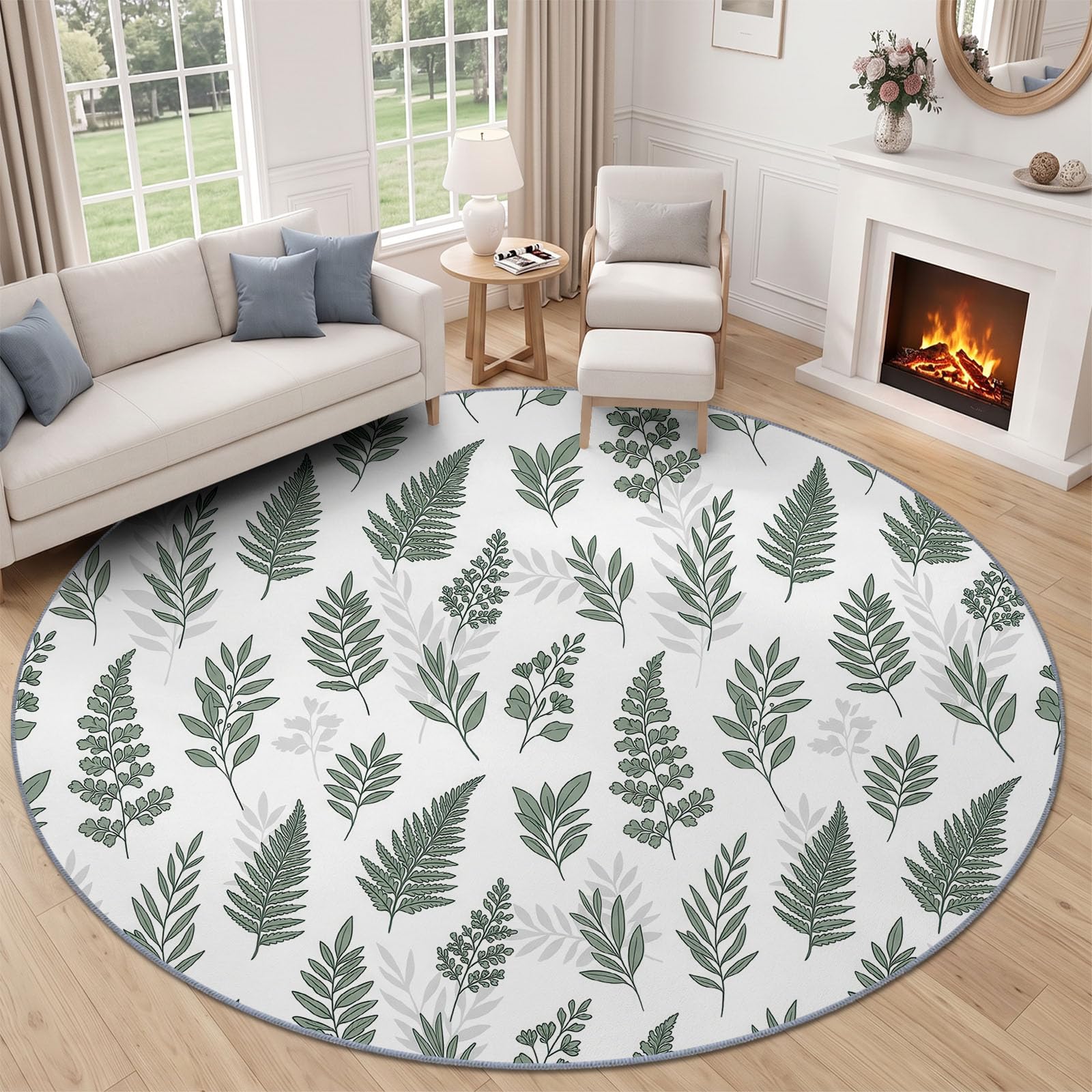Générique Tapis Rond 180 cm Lavable Machine, Moquette Antidérapante Poil Bas Style Feuille Plantes Et Fleurs, Motif Branches De Fougères Et Feuilles Minimalistes Doux pour Chambre À Coucher, Vert
