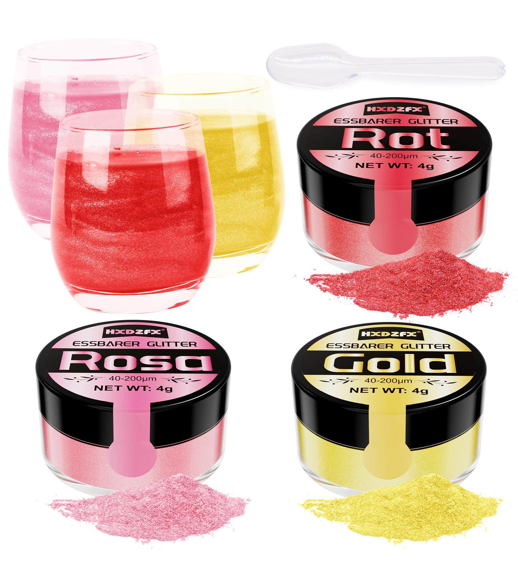 Essbares Glitzer Set - 3 Farben Glitzerpulver für Getränke, Geschmacksneutrales Lebensmittelfarbe Pulver, Glitzerpuder für Schokolade, Cocktail Drinks, Fondant, Drinks, Flüssigkeiten - 4g