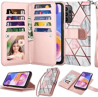 Njjex Galaxy A23 Case, for Samsung Galaxy A23 4G A23 5G Wallet Case, [9 Card Slots] PU Leather Credit Holder Folio Flip [Detachable] Kickstand Magnetic Phone Cover & Lanyard for Samsung A23 [Marble]