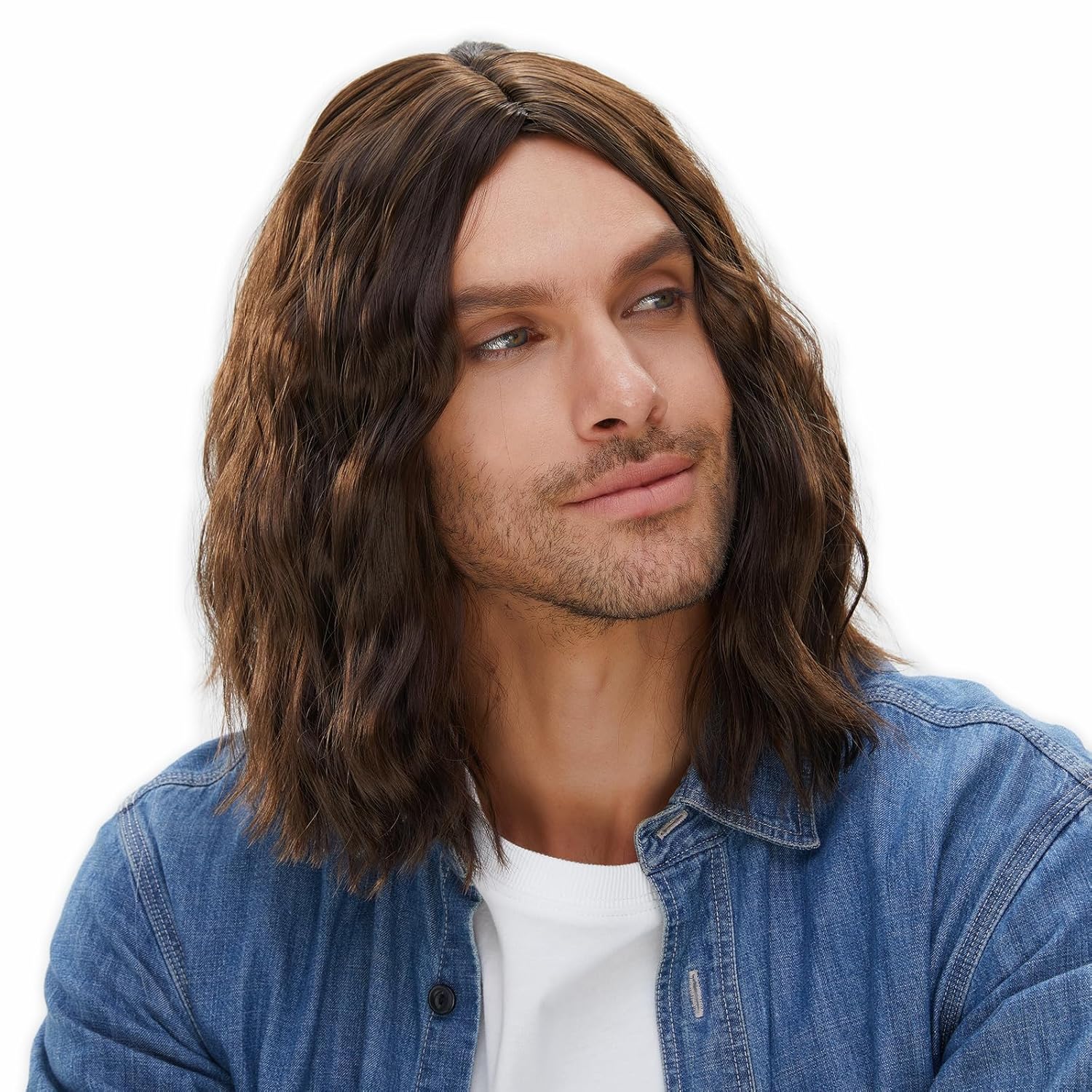 Long Wavy Men Wig for Party Curly Wigs for Man Male Hippie Rocking 70s 80s Them Party Cosplay Costume Anime Heat Resistant Synthetic Hair Wig With Cap (Middle Brown)