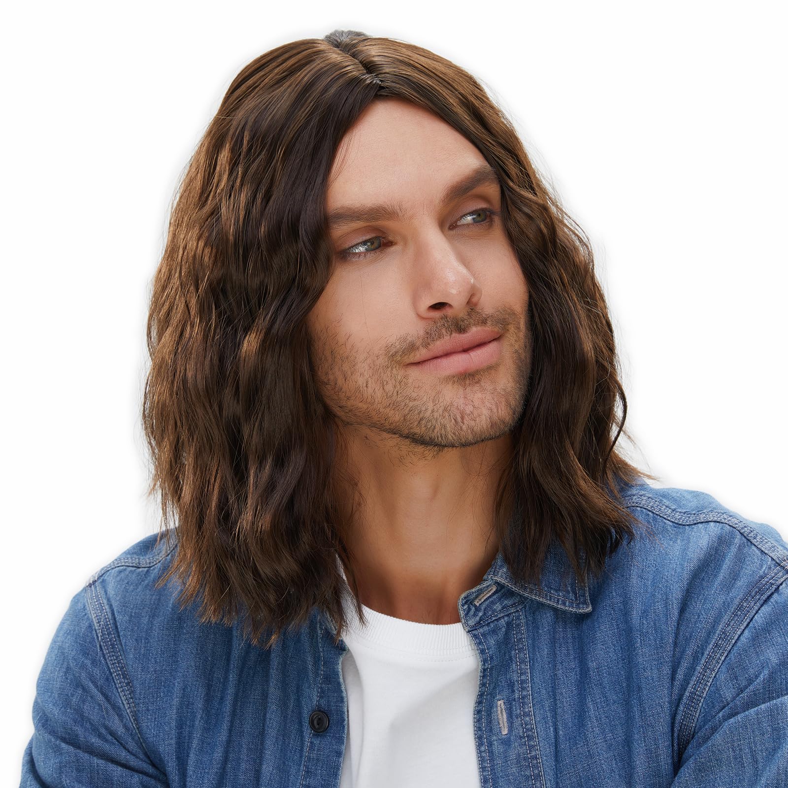 Long Wavy Men Wig for Party Curly Wigs for Man Male Hippie Rocking 70s 80s Them Party Cosplay Costume Anime Heat Resistant Synthetic Hair Wig With Cap (Middle Brown)