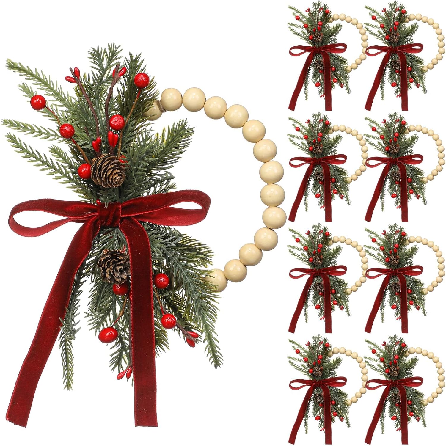 Thiccywoov 8 Pcs Mini Christmas Cabinet Wreaths Wood Bead Wreaths Red Berry