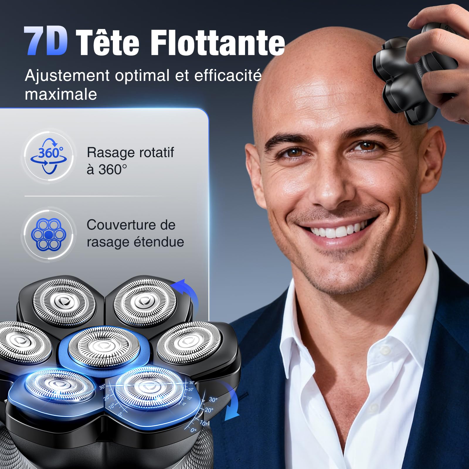 kensen Rasoir Tete Chauve Homme 7D Tondeuse Crane Chauve 90 Mins d'Autonomie 2 Vitesses Rasoir Crane Homme Chauve Étanche IPX6-Wet & Dry,USB-C,sans Fil,avec Écran LED (Noir)