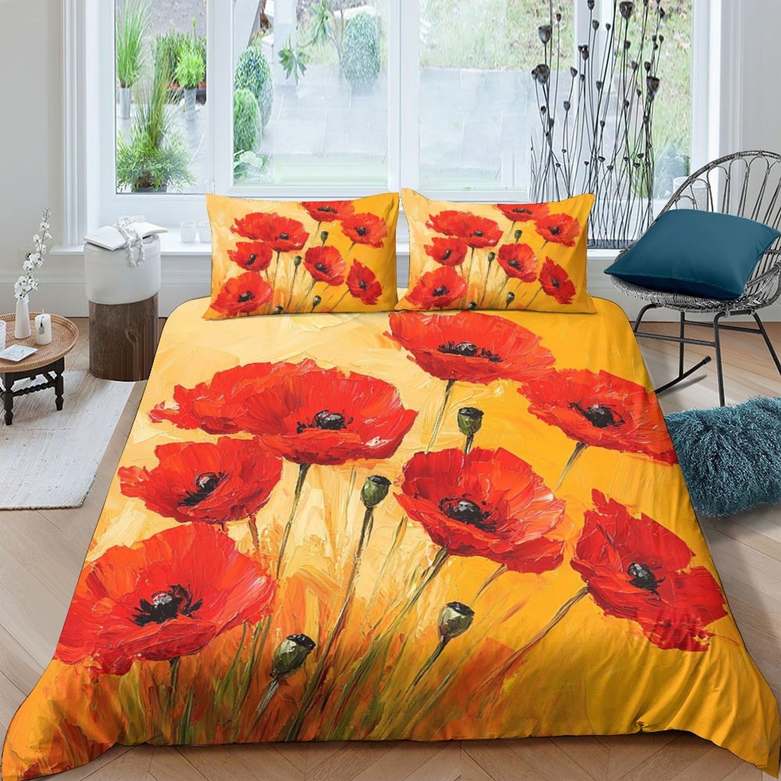 GPLZQXKJNH 3D Printed Red Poppy Flower Duvet Cover Microfiber Soft Breathable Orange Blossom Bedding Set with 2 Pillowcases for Bedroom Decor Single（135x200cm）