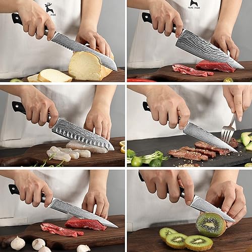 Miniatura 5 de Damasco NF-D0603T-B - Juego de 9 cuchillos de damasco con bloque, mango ergonómico de triple remache ABS antideslizante para cuchillos de chef,