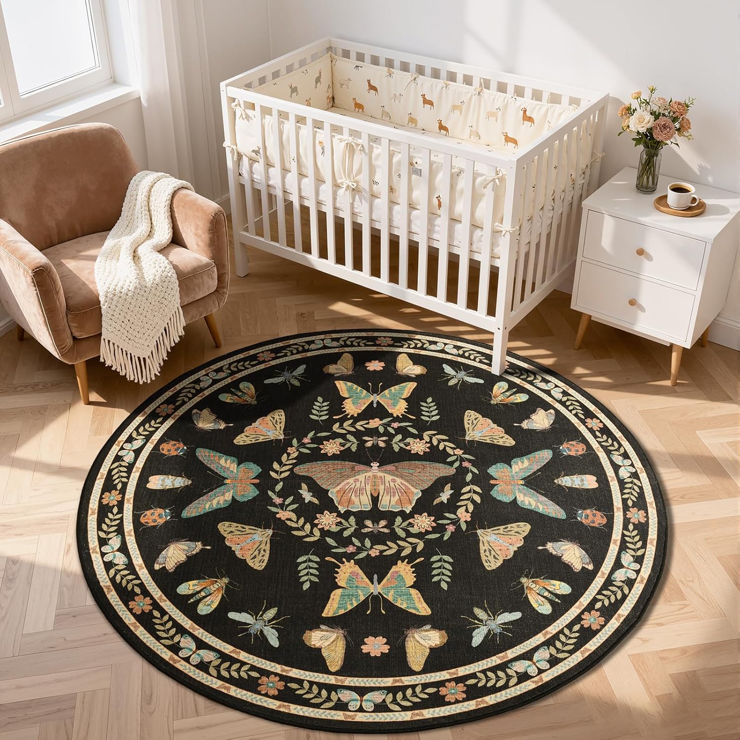 Unirea 4ft Round Black Insect Circle Rug, Washable Non Slip Area Bug Rug for Entryway, Kitchen, Bedroom, Bathroom, Nursery, Living Room, Thin Soft Circular Rugs Indoor Décor, Low Pile Carpet