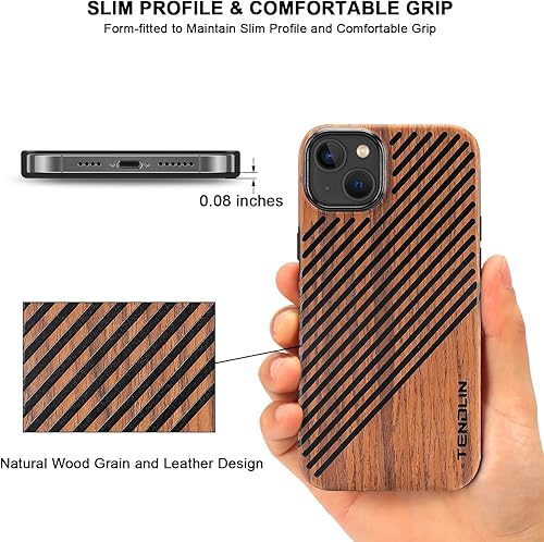 Miniatura 10 de TENDLIN Funda magnética compatible con iPhone 15 Pro Max, diseño exterior de grano de madera, funda híbrida de TPU (compatible con MagSafe) sándalo