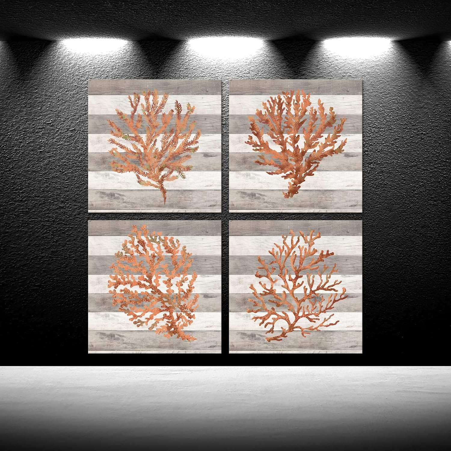 iKNOW FOTO Retro Orange Coral Canvas Prints Ocean Beach Wall Art for Bedroom 4 Pieces 12x12'' Framed Watercolor Paintings Marine Plants Pictures Ready to Hang for Bathroom Home Decoration (Small)