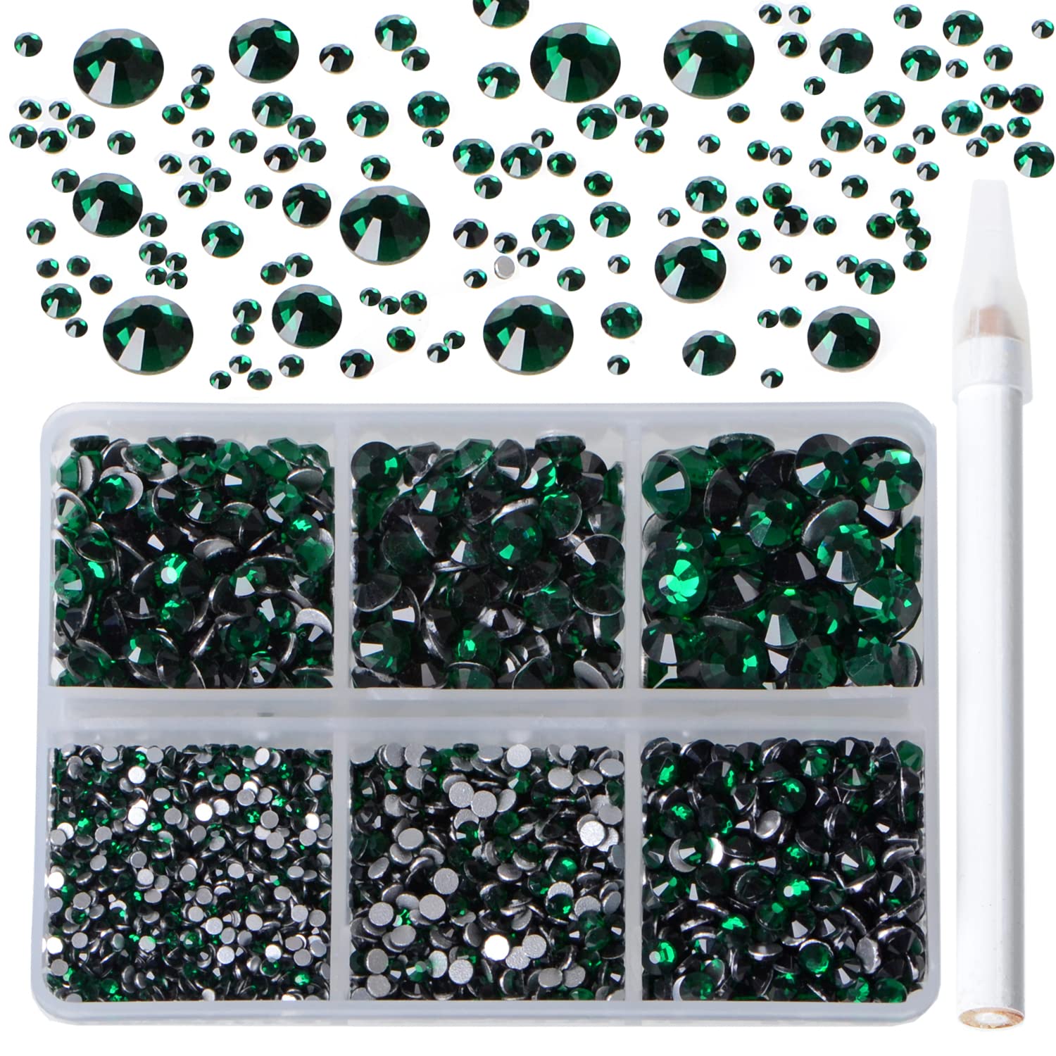Bymitel 5000 Pieces 6 Mixed Sizes Glue Fix on Glass Rhinestones Round Crystal Gems Flatback for DIY Jewelry Making with one Picking Pen(6-Sizes 5000PCS, Emerald)