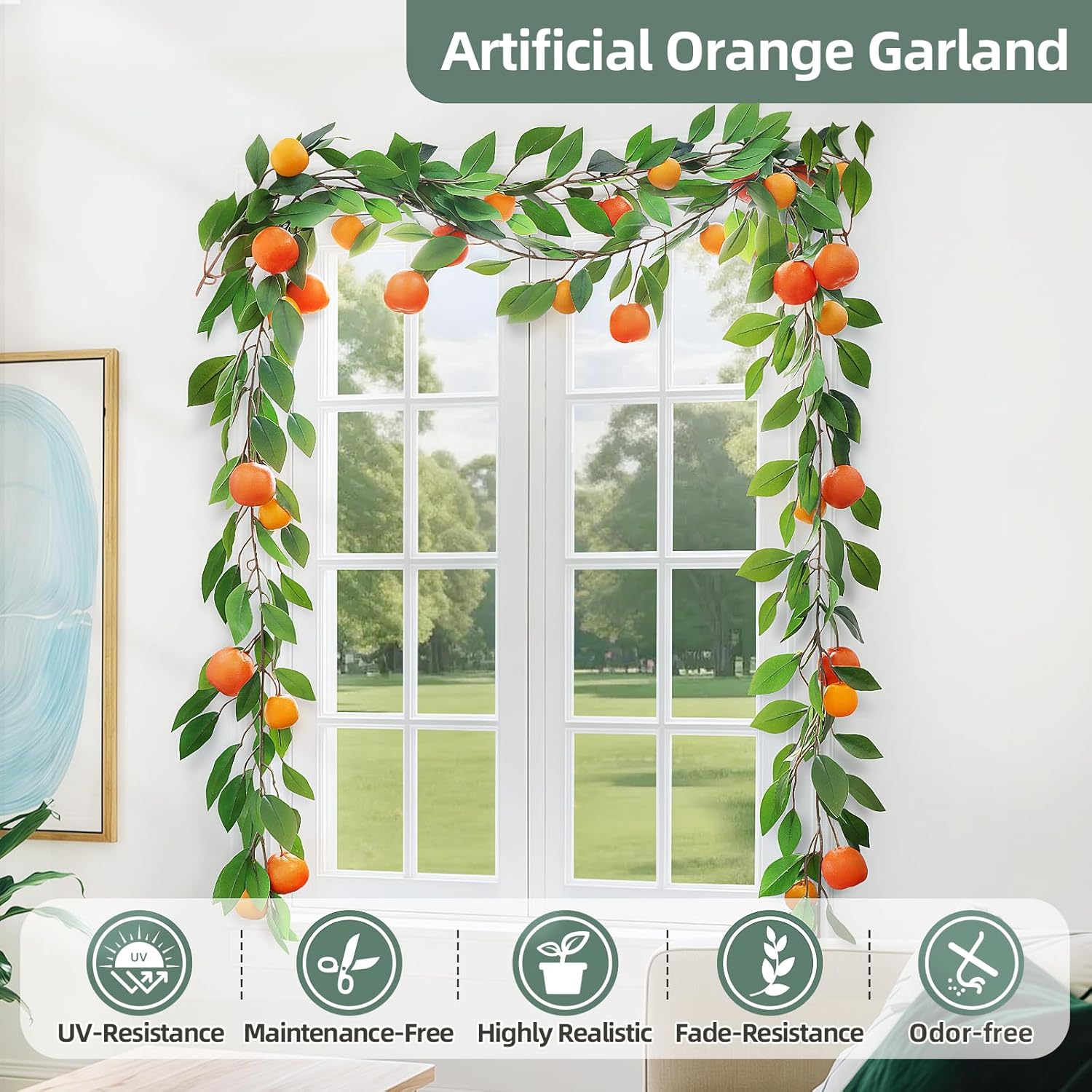 2PCS Artificial Oranges Garland - 6FT Faux Oranges Vine with Greenery, Realistic Fruit Garland for Home, Garden, Wedding, Party & Christmas Decor | Fake Orange Wreath for Hanging Decoration