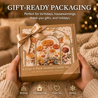 Scented Candle Gift Set, 4 Pack Long Lasting Amber Candles with Wooden Wick