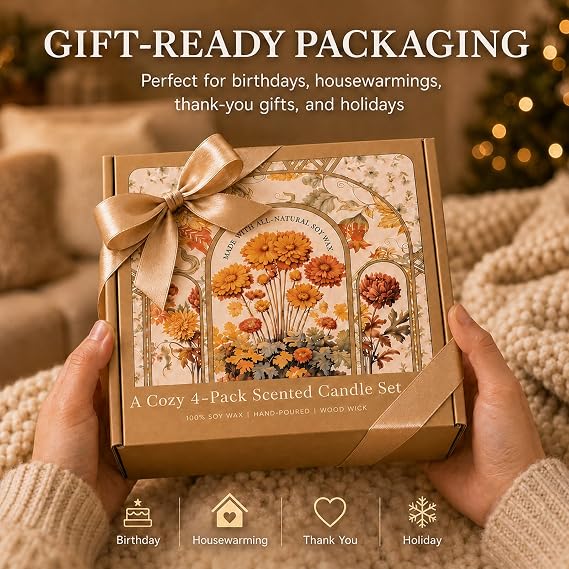 Scented Candle Gift Set, 4 Pack Long Lasting Amber Candles with Wooden Wick