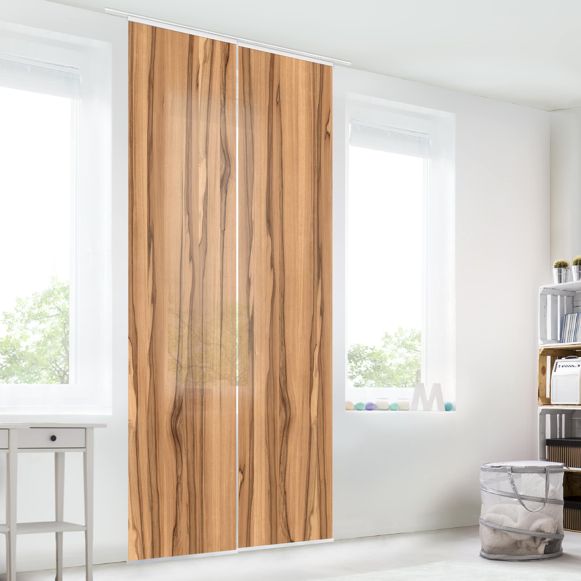 Schiebegardine halbtransparent 60er Paneel Klett Holzoptik Textil lichtdurchlässig - Motiv Modern Flächenvorhang Wohnzimmer Schlafzimmer 1543 (120x250 cm - 2er Set)