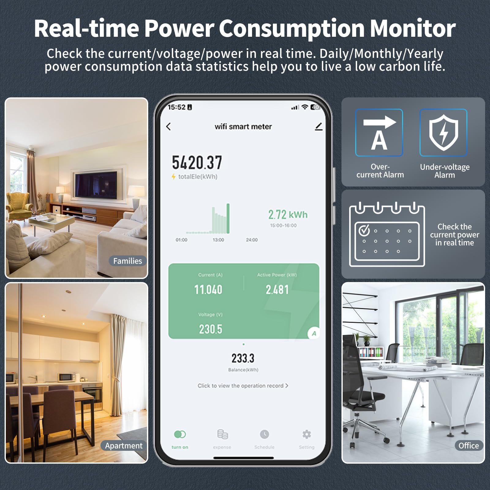 eMylo Smart Wifi Contatore elettrico Misuratore di energia monofase 35mm DIN Misuratore di elettricità su guida 60A 90-250V con display LCD digitale kWh Amperometro Monitor alimentazione domestica