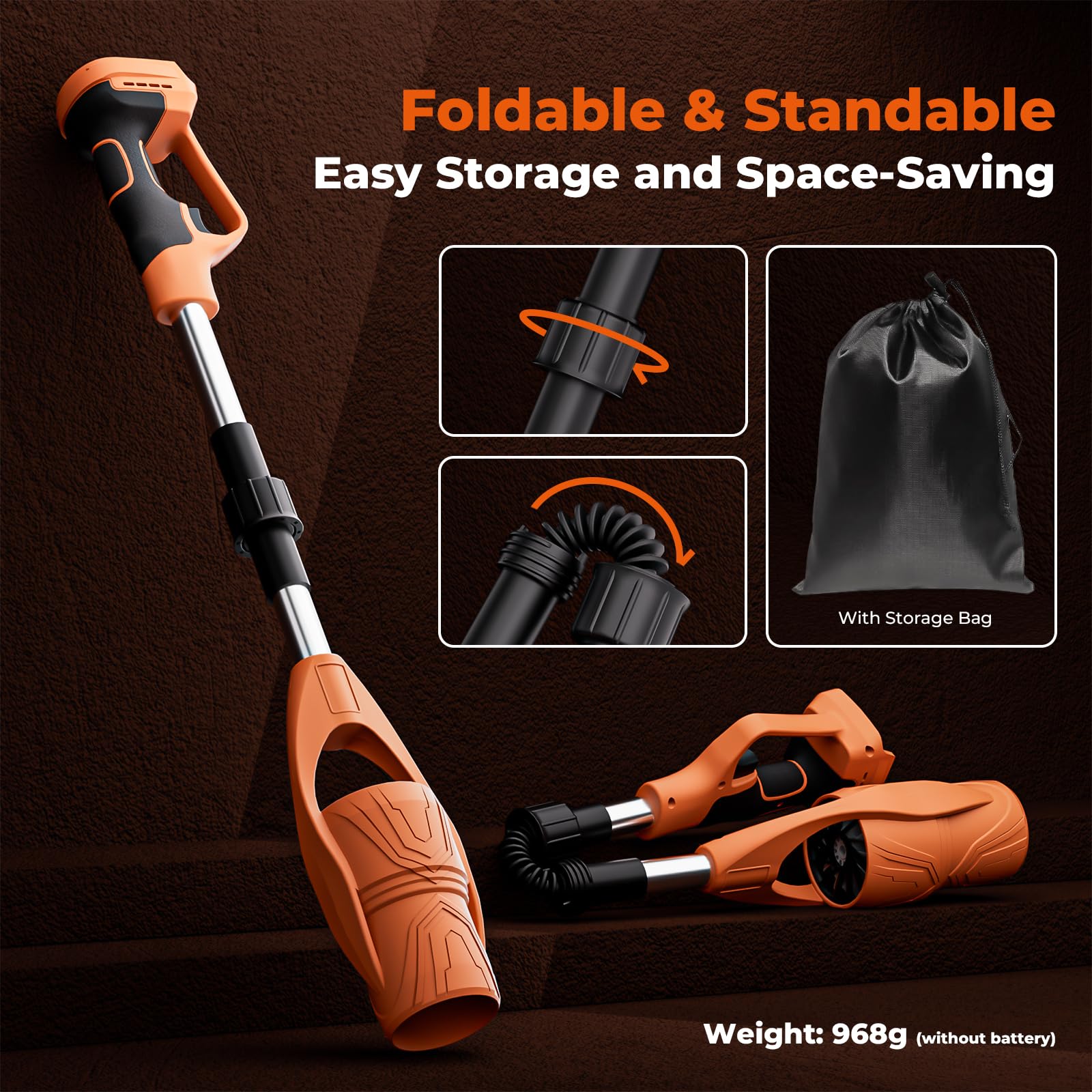 HANSILK soplador de Hojas inalámbrico Plegable y Ligero (sin batería), Velocidad 63 m/s Volumen 600 CFM Compatible con batería 18V soplador Compacto para césped/Patio/acera/Garaje Naranja