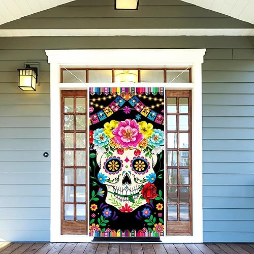 Miniatura 4 de Decoración del Día de los Muertos para puerta, decoración de Día de los Muertos, decoración de calavera de azúcar, flores, cubierta de puerta,