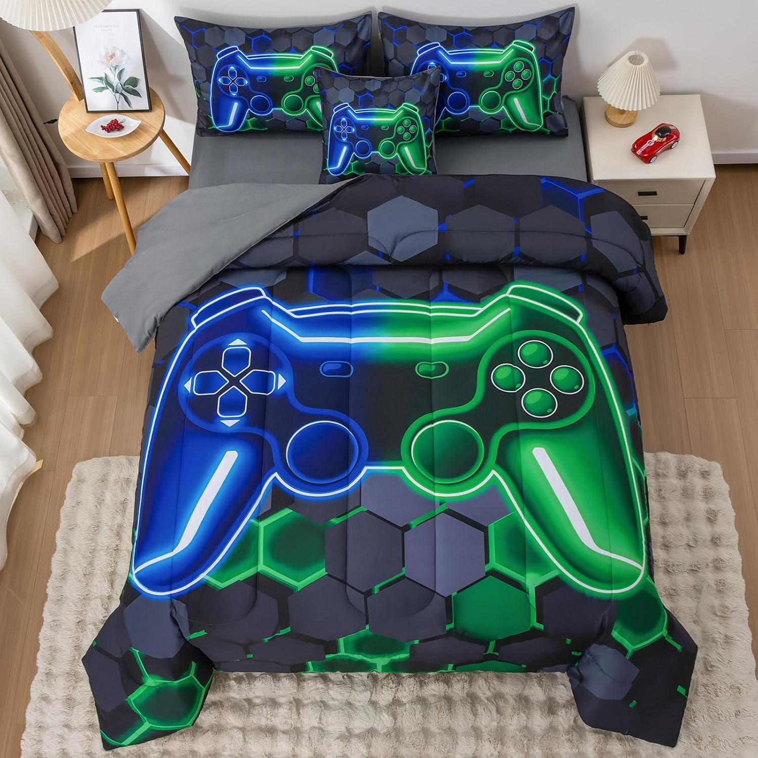 6Pcs Gamer Comforter Set with Sheets for Boys Girls Kids Teens, Colorful Gaming Themed Bed in A Bag Full Size, Black 3D Video Game Controller Bedroom Decor Bedding Set