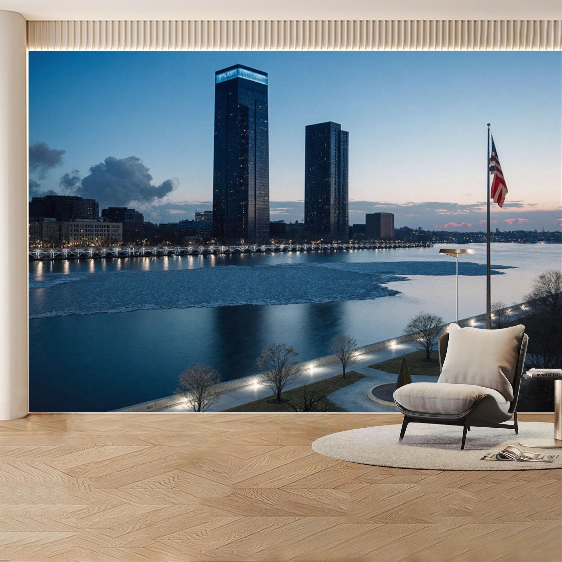 Custom Wall Mural Wallpaper City Skyline River View Landscape Modern Wall Decor Large Wall Art Urban Sunset Style Removable SelfAdhesive Large Photo for Living Room， Bedroom， Office