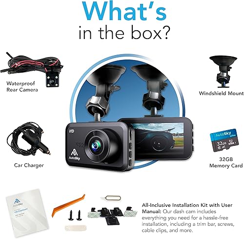 Miniatura 2 de AutoSky Dash Cam delantera y trasera - Cámara de tablero para autos Mini Dash Cam Full HD con tarjeta de memoria de 32 GB pantalla IPS de 3 pulgadas