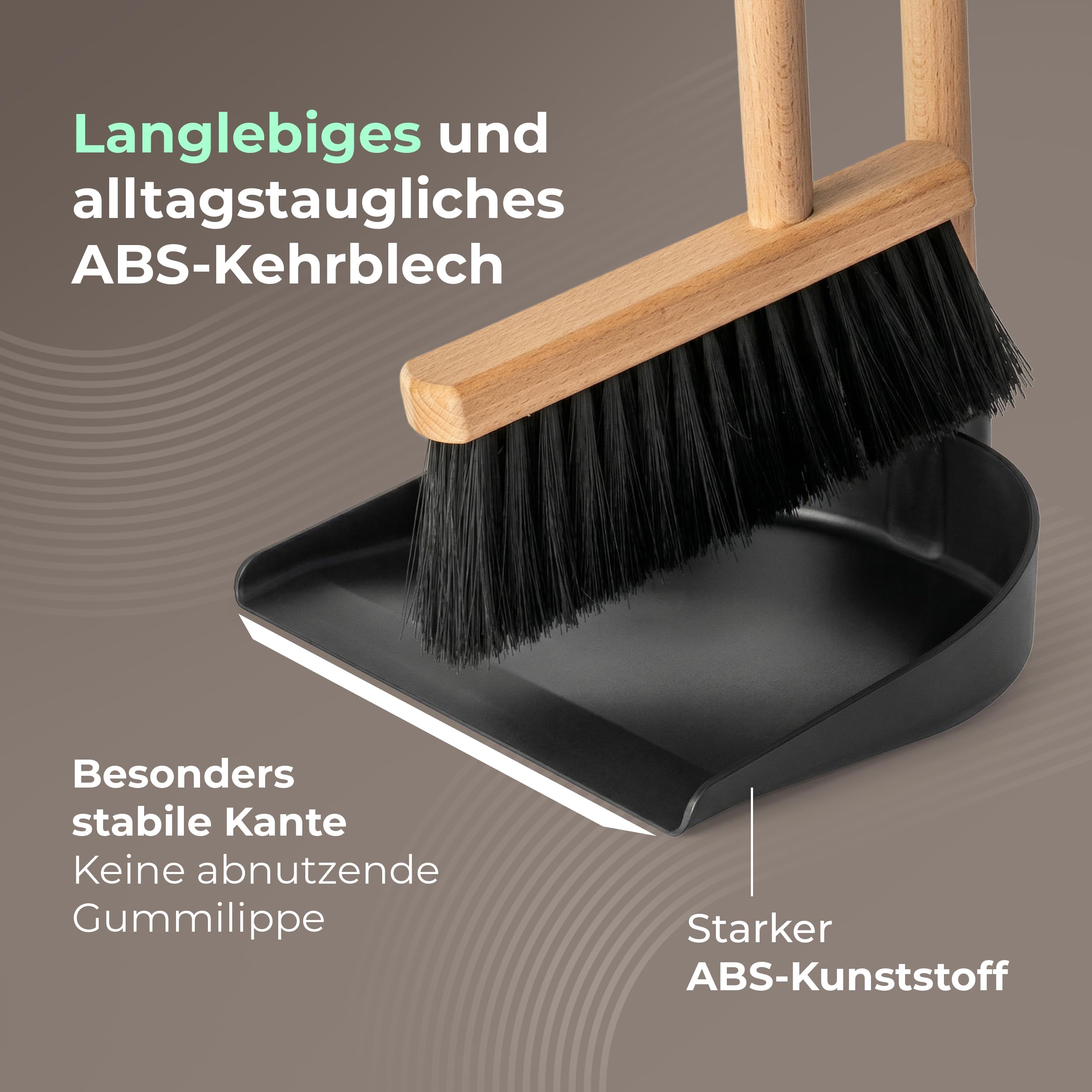Novaliv Kehrschaufel Set mit langem Stiel – Stehkehrgarnitur Holz, Besenkopf Buche & ABS-Schaufel, aufrecht kehren ohne Bücken, 92 cm