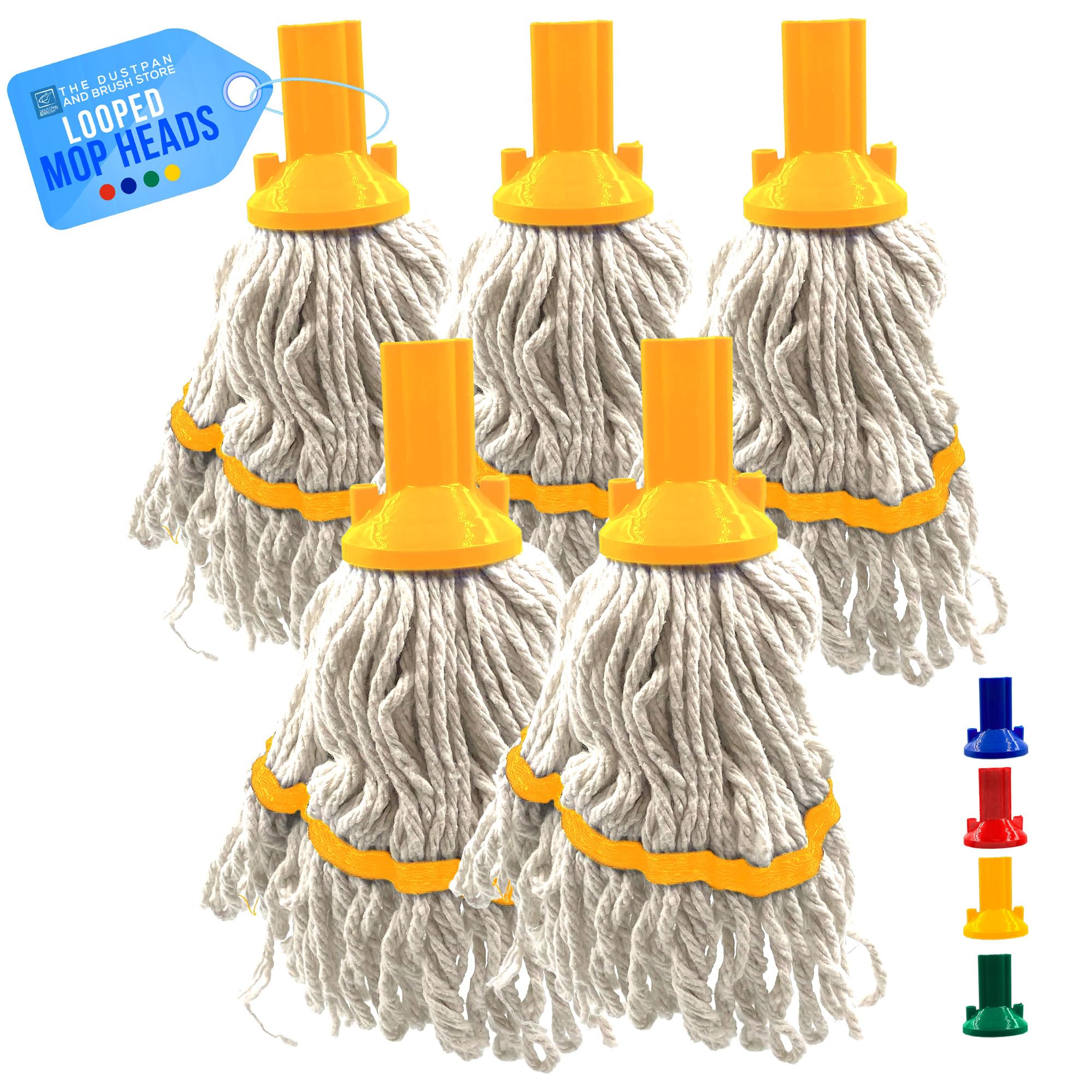 Tdbs The Dustpan And Brush Store Yellow Looped Cotton Mop Heads With Absorbent Yarn, Self-Threading Floor Mop Heads For Hard Floors - Tiles, Wood, Laminate - Color-Coded Commercial Cleaning - Pack Of 5