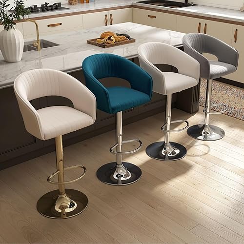 Miniatura 9 de Juego de 2 modernas sillas de bar de cocina con base plateada, taburetes de bar giratorios ajustables con respaldo y reposapiés, taburetes de