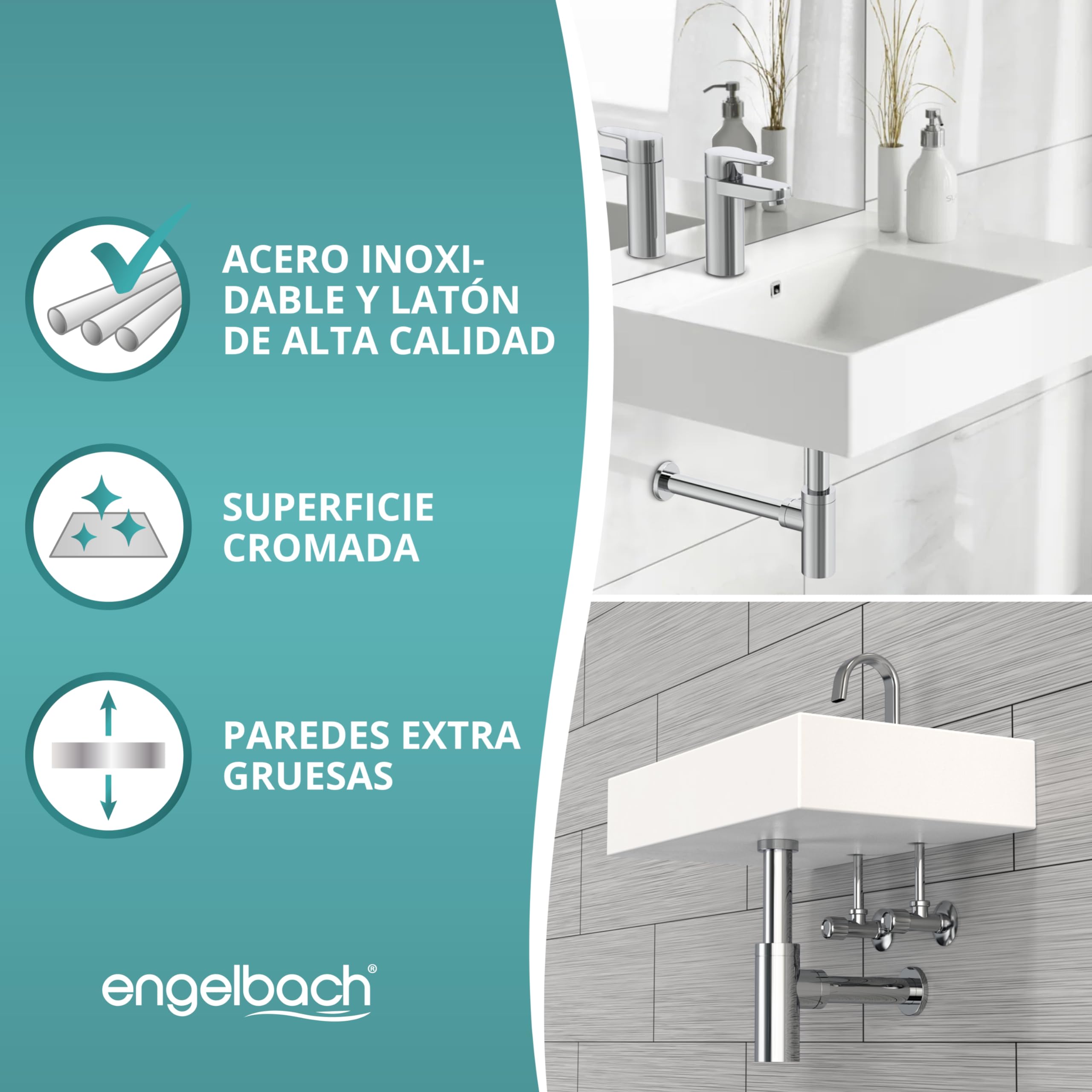 Engelbach® Sifón diseño para lavabo 1 1/4" con apertura limpieza - Desagüe universal con junta de goma e instrucciones - Cromado