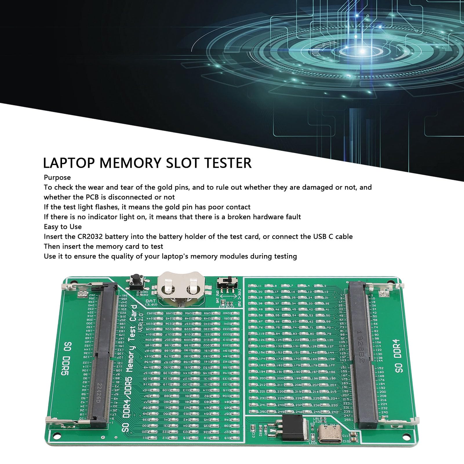 Testeur de Mémoire DDR4 DDR5 2 en 1 Carte de Test de L'emplacement à Mémoire de Mémoire Multifonctionnelle avec Indicateur LED pour Ordinateur Portable