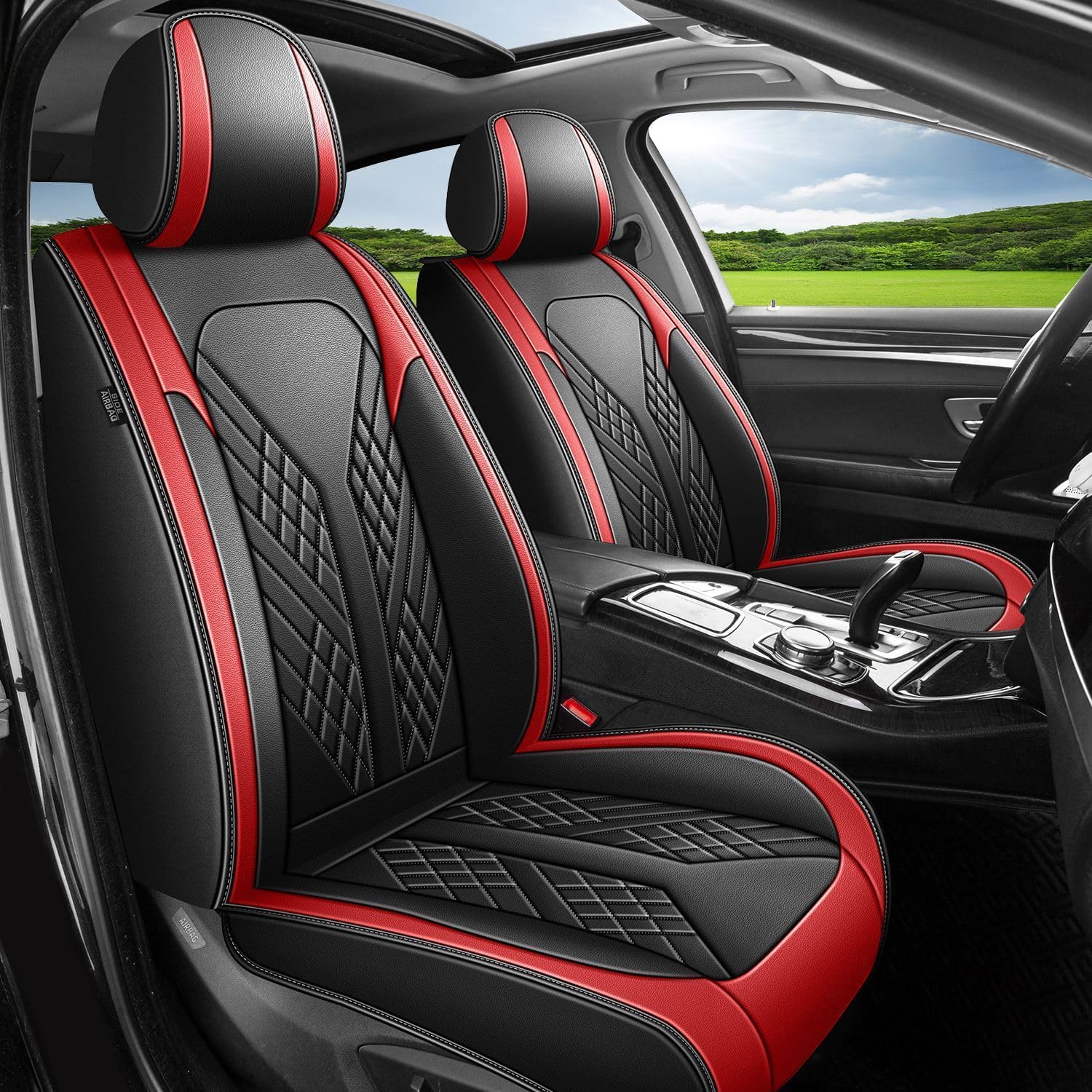 Front Seat Covers Fit for GMC Canyon 2015-2025 Waterproof Faux Leather Car Seat Cover Compatible with Airbag (Black & Red)