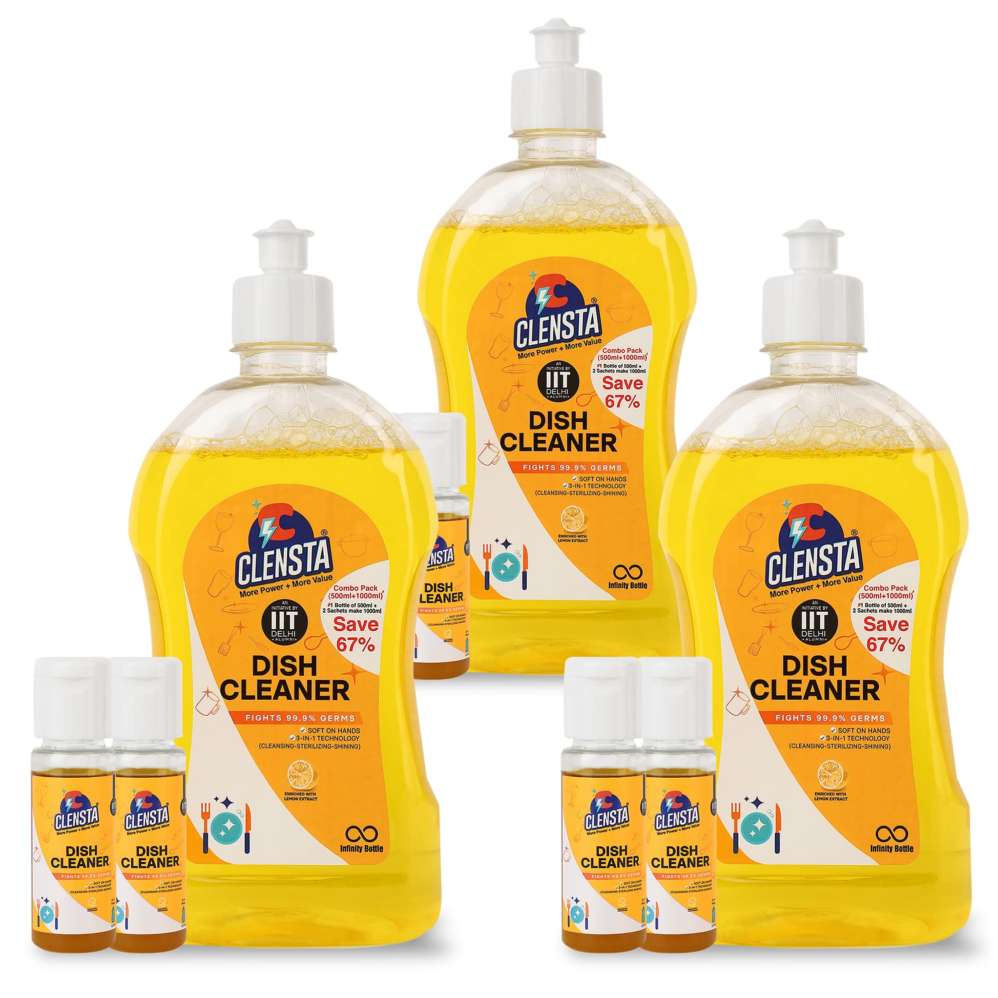Clensta Dish Cleaner Liquid with Lemon Fragrance | Total 4500 ml | Leaves No Residue| Soft on hands | 1 Bottle (500 ml) & 2 Smart Refills (Makes 1000 ml) | Pack of 3