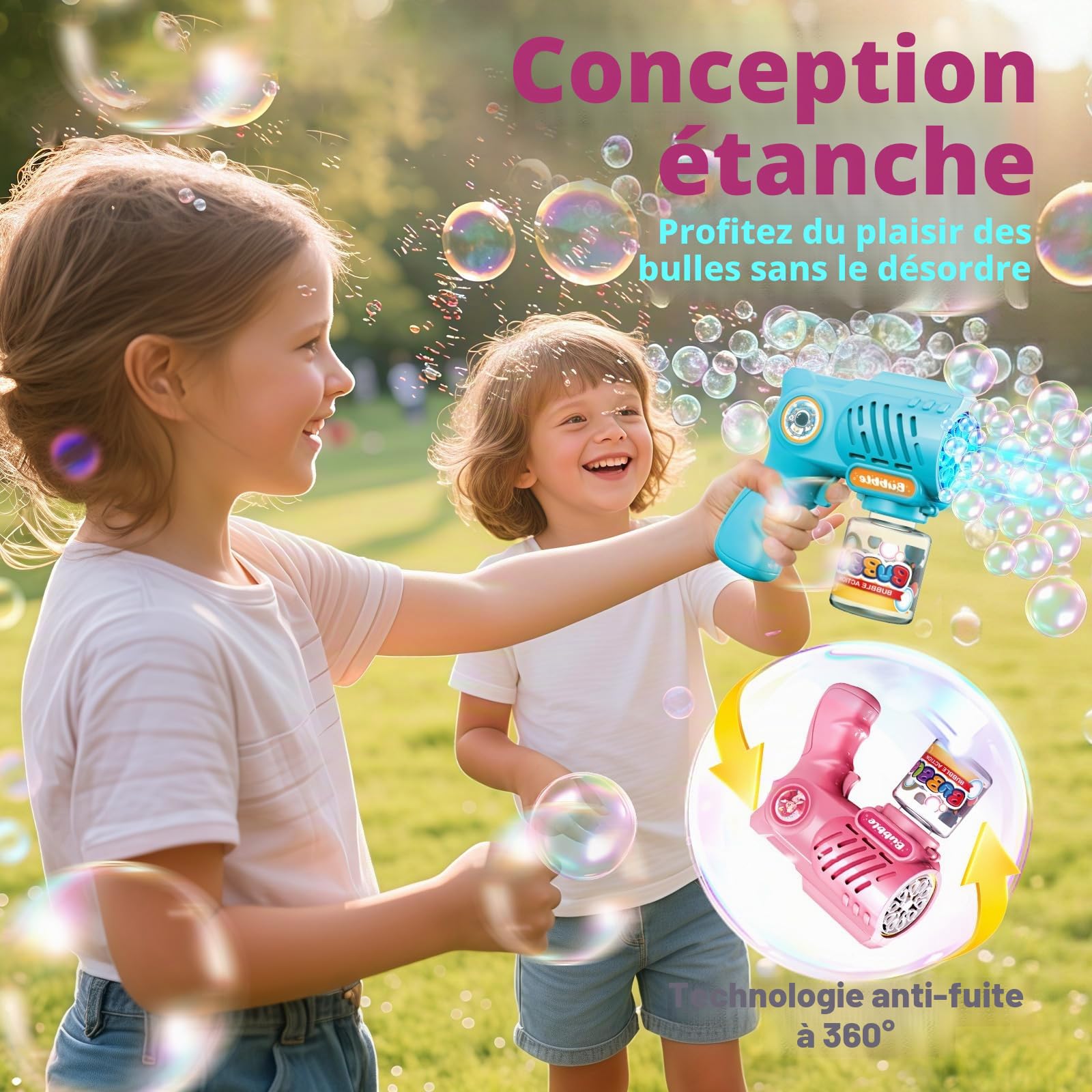Tecnock Lot de 2 Pistolets à Bulles Automatiques pour Enfants avec Lumières LED et 10 Buses, 8 Piles AA Incluses, 3 Flacons de Solution et 10 Recharges, Légers et Anti-Fuite