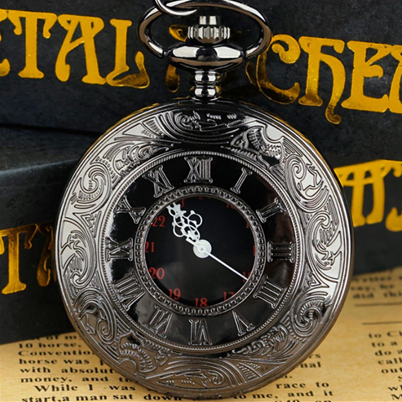 Zegarek kieszonkowy i łańcuszek, Vintage czarny zegarek kieszonkowy z cyfrą rzymską kwarcowy zegarek kieszonkowy Steampunk kobiety mężczyzna naszyjnik wisiorek z łańcuszkiem