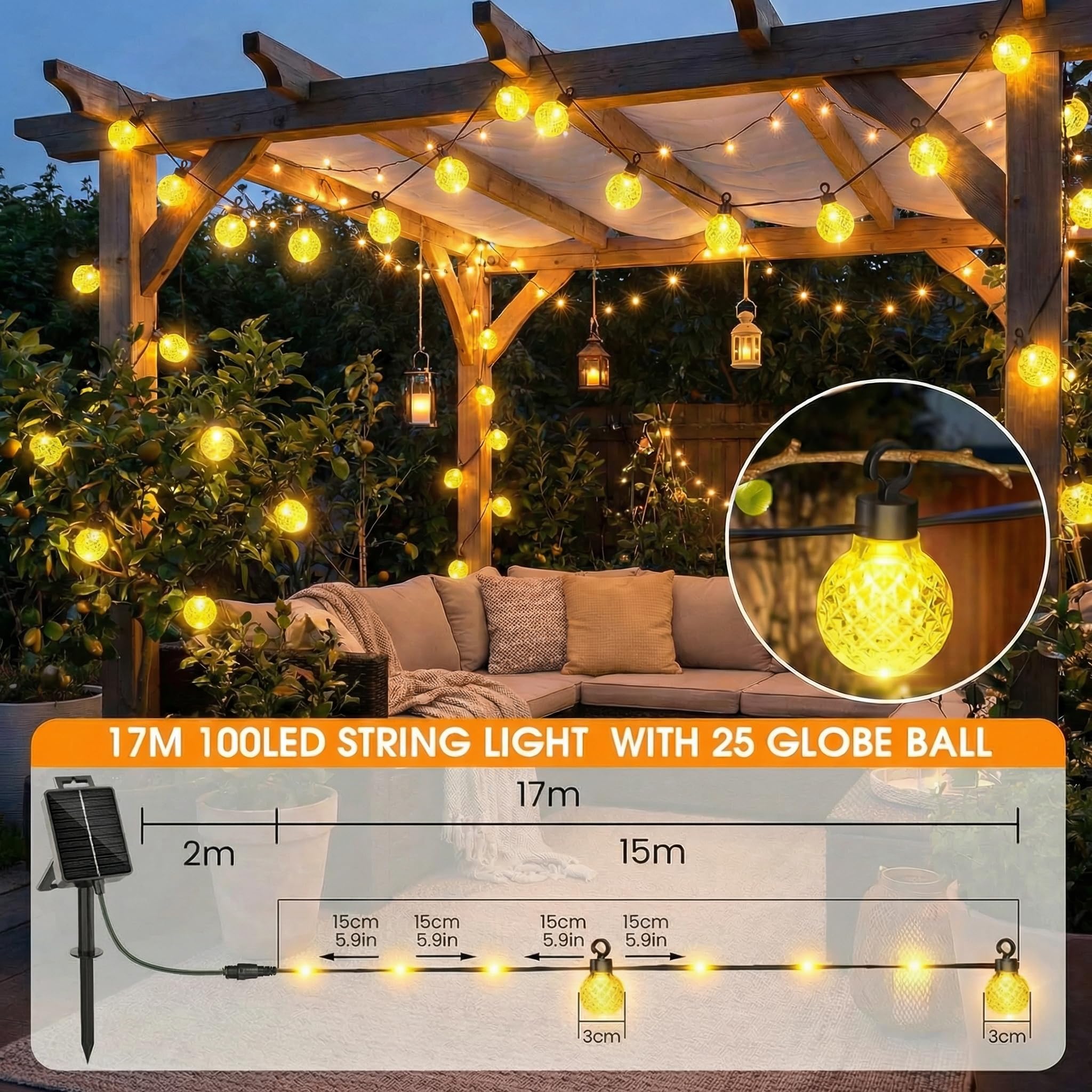 Guirlande lumineuse solaire extérieure, 17M 100 LED avec 25 lampes ananas, 8 modes avec télécommande, étanche IP67, pour extérieur, terrasse, balcon, mariage, fête, jardin, blanc chaud - 3
