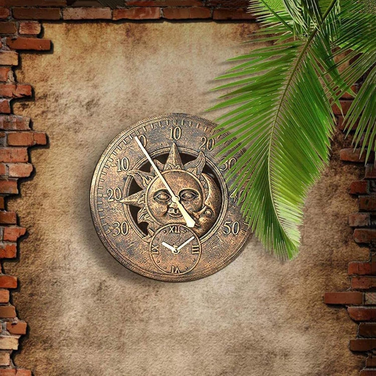 Reloj de pared para exteriores con diseño de sol y luna, diseño de resina impermeable para decoración de jardín y patio