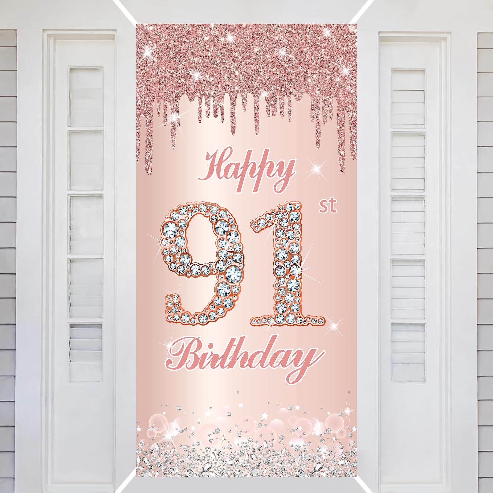 91st Happy Birthday Decorations Door Banner Pink Rose Birthday Banner for Party Backdrop for Women Door Cover Party Decoration Supplies Poster