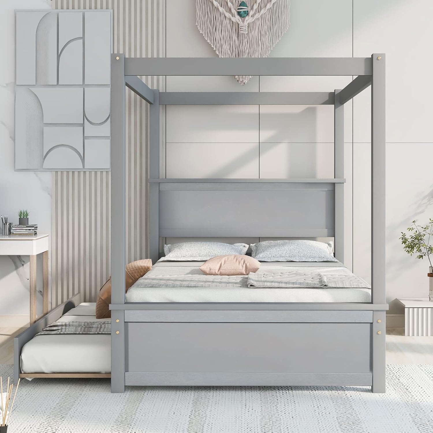 Harper & Bright Designs Full Size Canopy Bed with Trundle
