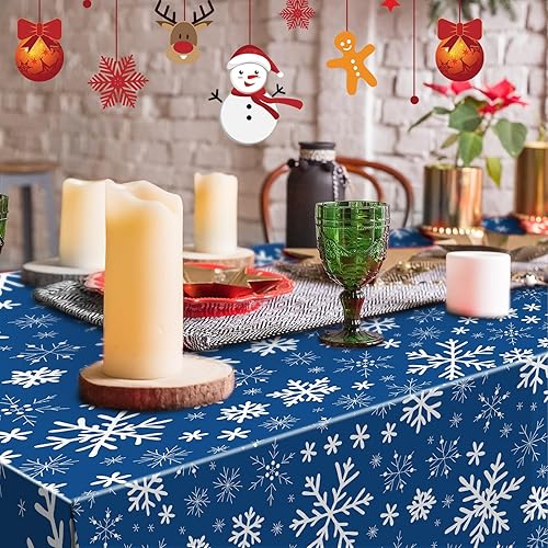 Miniatura 4 de Moukeren Mantel de plástico con diseño de copo de nieve, 3 piezas, diseño de copos de nieve, mantel desechable de invierno para suministros de