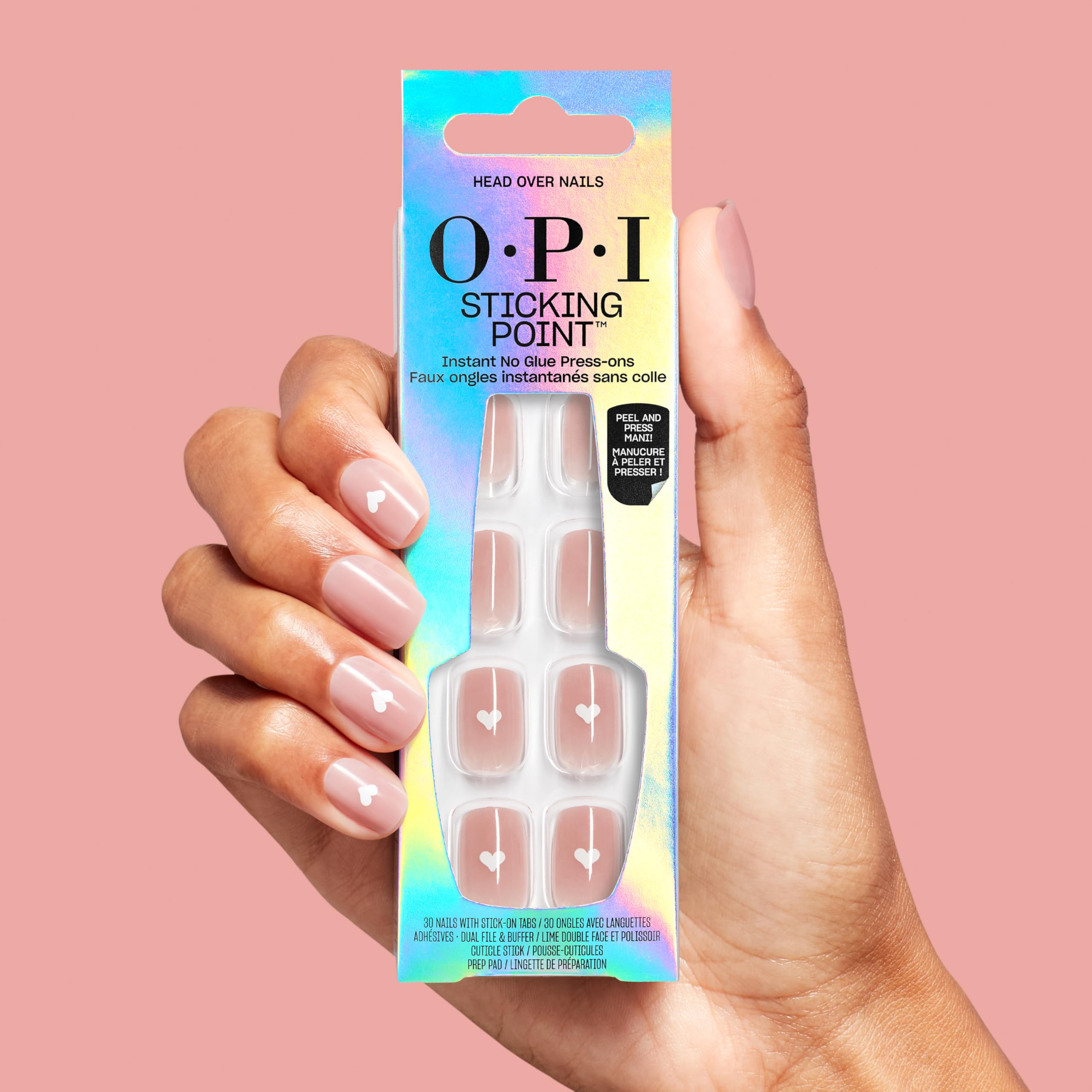 OPI Sticking Point Head Over Nails | Short Squoval Opaque Warm Neutral with White Hearts Nail Art Instant No Glue Press On Nails | 30 Count with Adhesive Tabs | Damage-Free Wear | Spring 2026