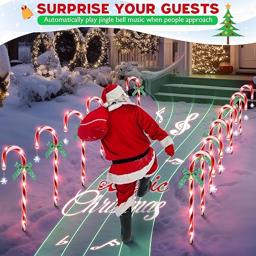 Miniatura 2 de Hiboom 12 luces de bastón de caramelo de Navidad con 4 música temática navideña, luces de marcadores de camino de 20 pulgadas con estacas de Navidad