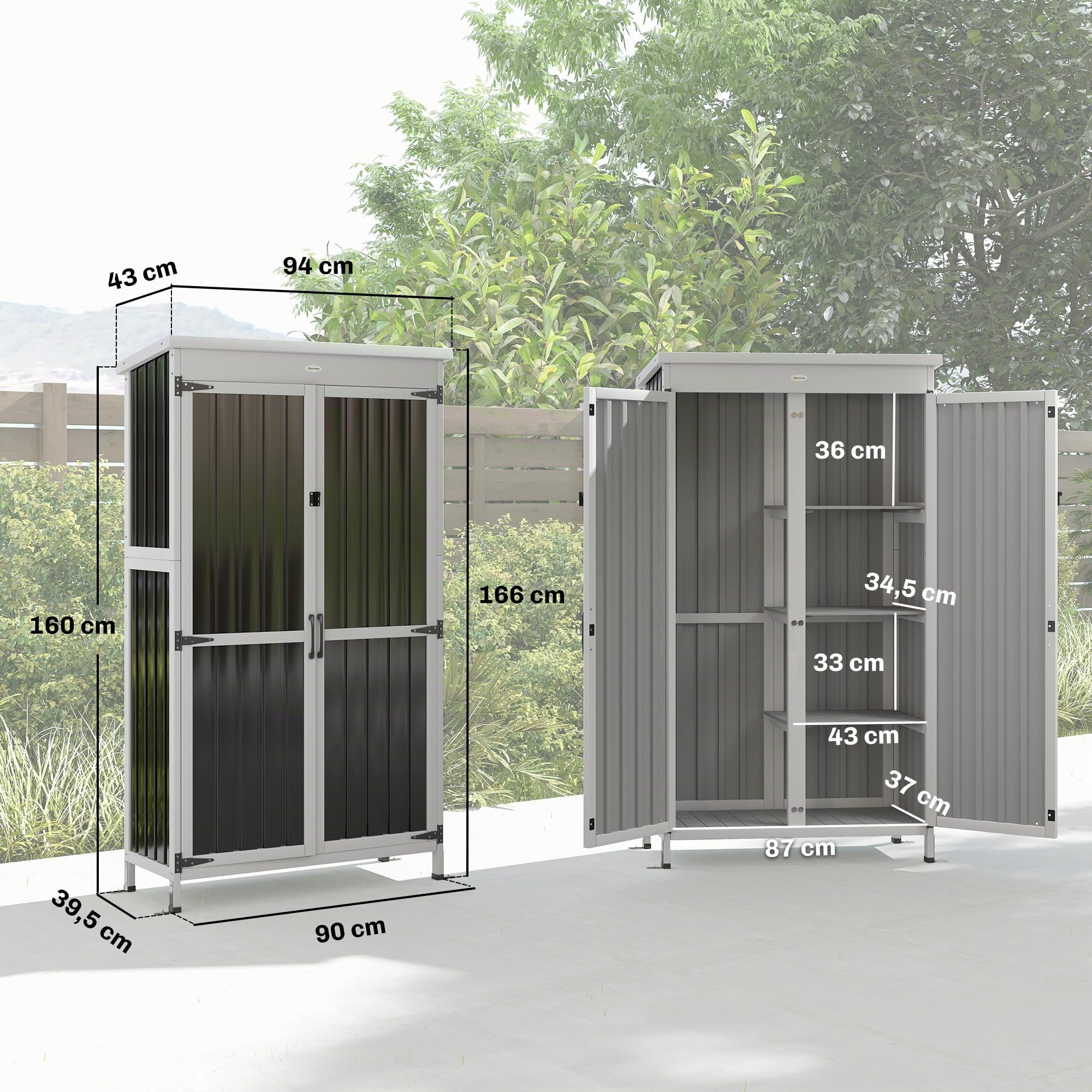 Outsunny Armoire de Jardin en Bois Acier Galvanisé Portes Doubles Noir | Fermeture Métallique, 3 Étagères Amovibles, Toit en Asphalte Imperméable, Base Élevée