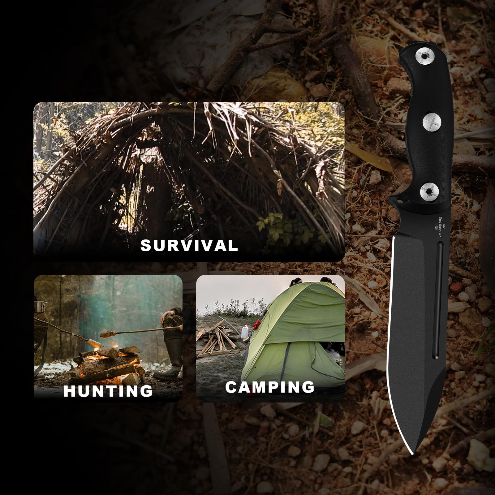 Kizer Drop Bear Fix 7 Cuchillo de Hoja Fija, 16,53 cm Hoja 1095 Cuchillo de Caza con Mango G10 y Pomo Martillo, Cuchillos de Supervivencia de Espiga Completa con Funda y Clip Giratorio, 1103A2