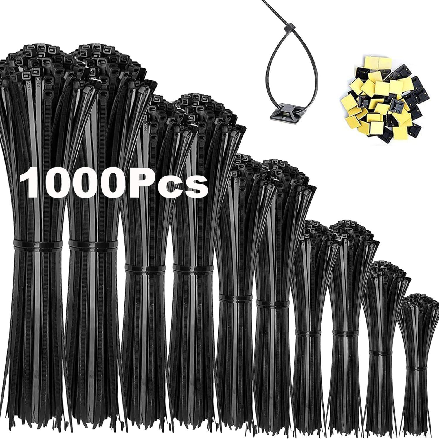 Honyear Pack Of 1000 Black Cable Ties, 100/150/200/250/300 Mm And 20 Adhesive Bases, Cable Tie Set, UV Resistant, Heat Resistant, Plastic Cable Tie