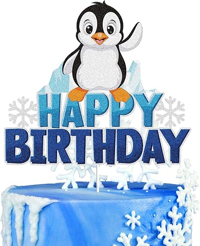 Decoración de pastel de pingüino de feliz cumpleaños, purpurina azul, animales de invierno, pingüino, copo de nieve, decoración de tartas,